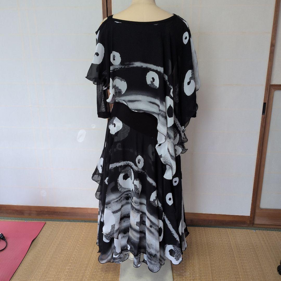 杏値下げ社交ダンス、フリル付き黒白ドットロングワンピースM〜 L