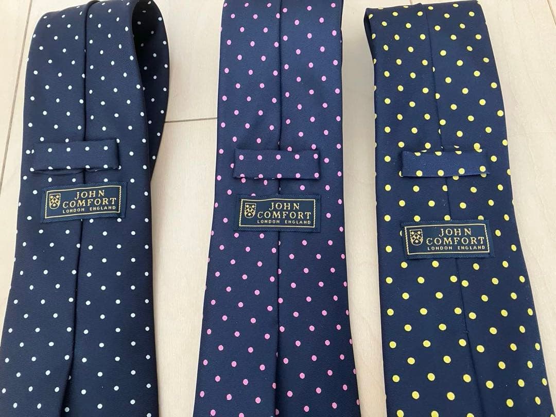 英国製 John Comfort ネイビー ドット柄 シルクネクタイ 3本 3色