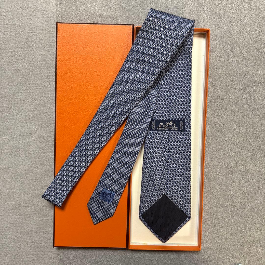 エルメス ネクタイ 青紺 シルクジャガード
