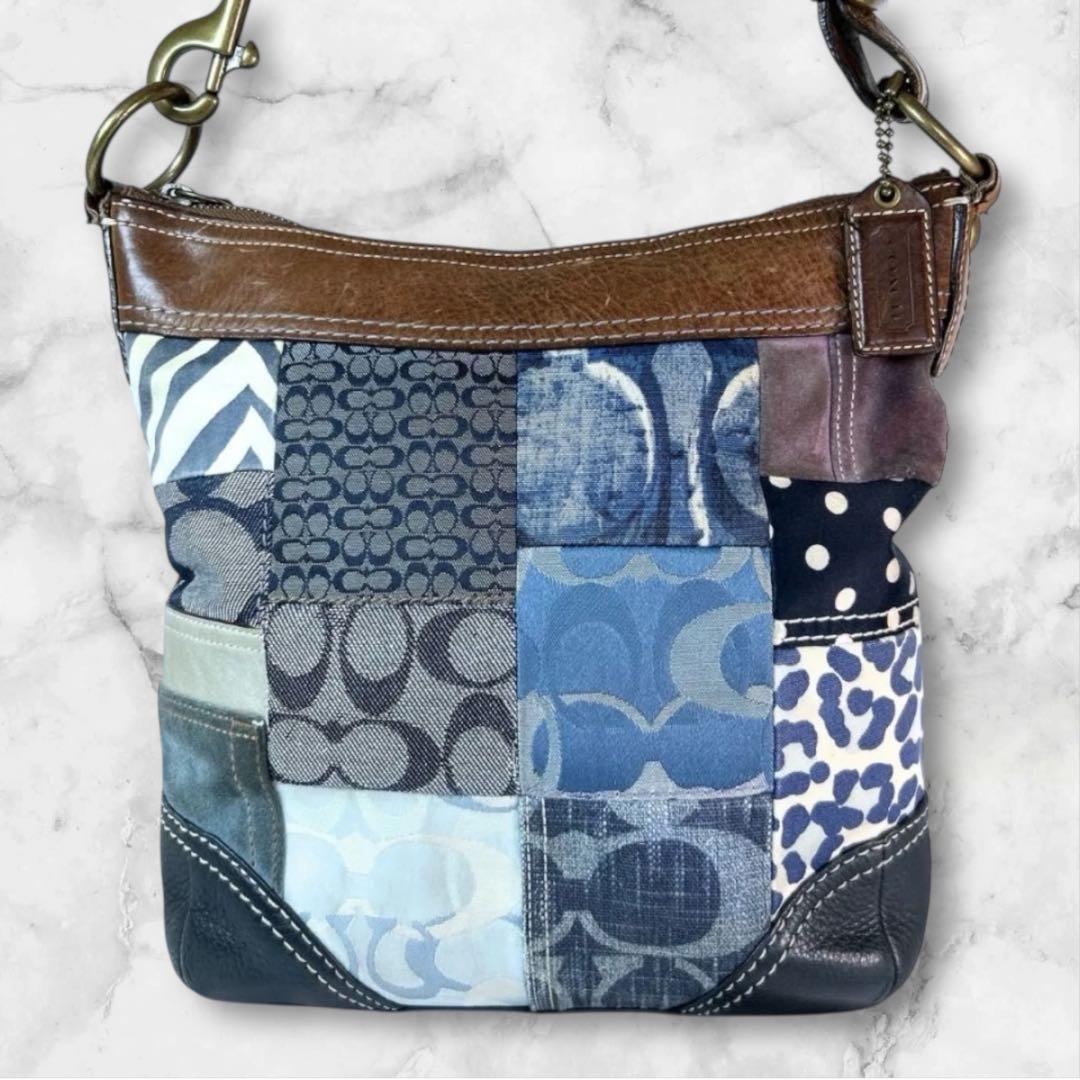 【希少】 コーチ ショルダーバッグ デニム パッチワーク レザー キャンバス