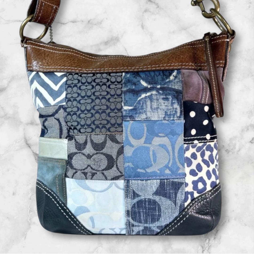 【希少】 コーチ ショルダーバッグ デニム パッチワーク レザー キャンバス