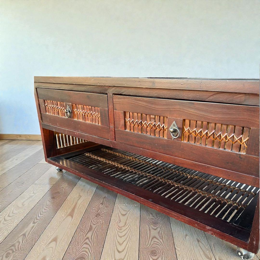 sekiさま専用❣️アジアン家具 ガラス天板テーブル 天然竹収納付 キャスター付