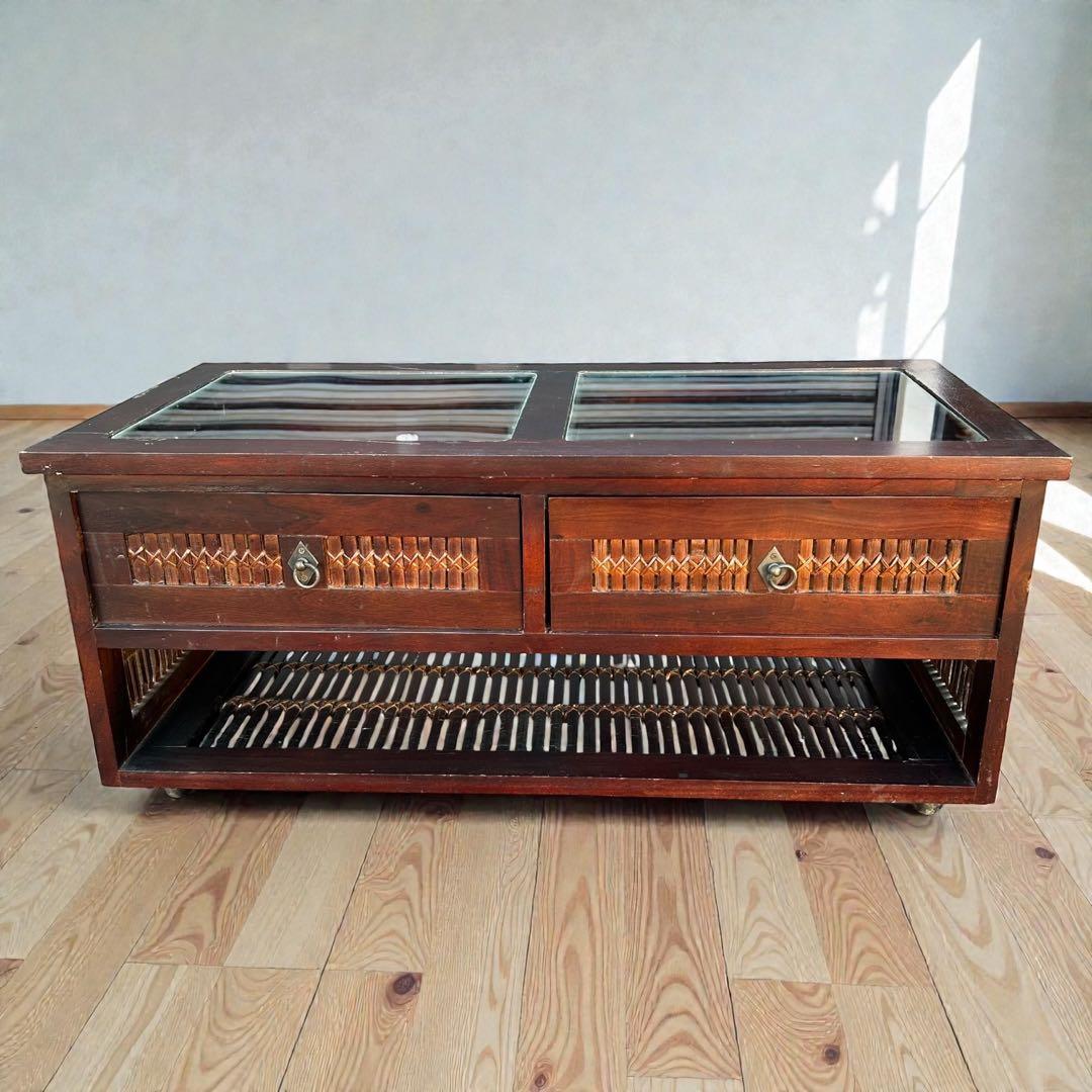 sekiさま専用❣️アジアン家具 ガラス天板テーブル 天然竹収納付 キャスター付