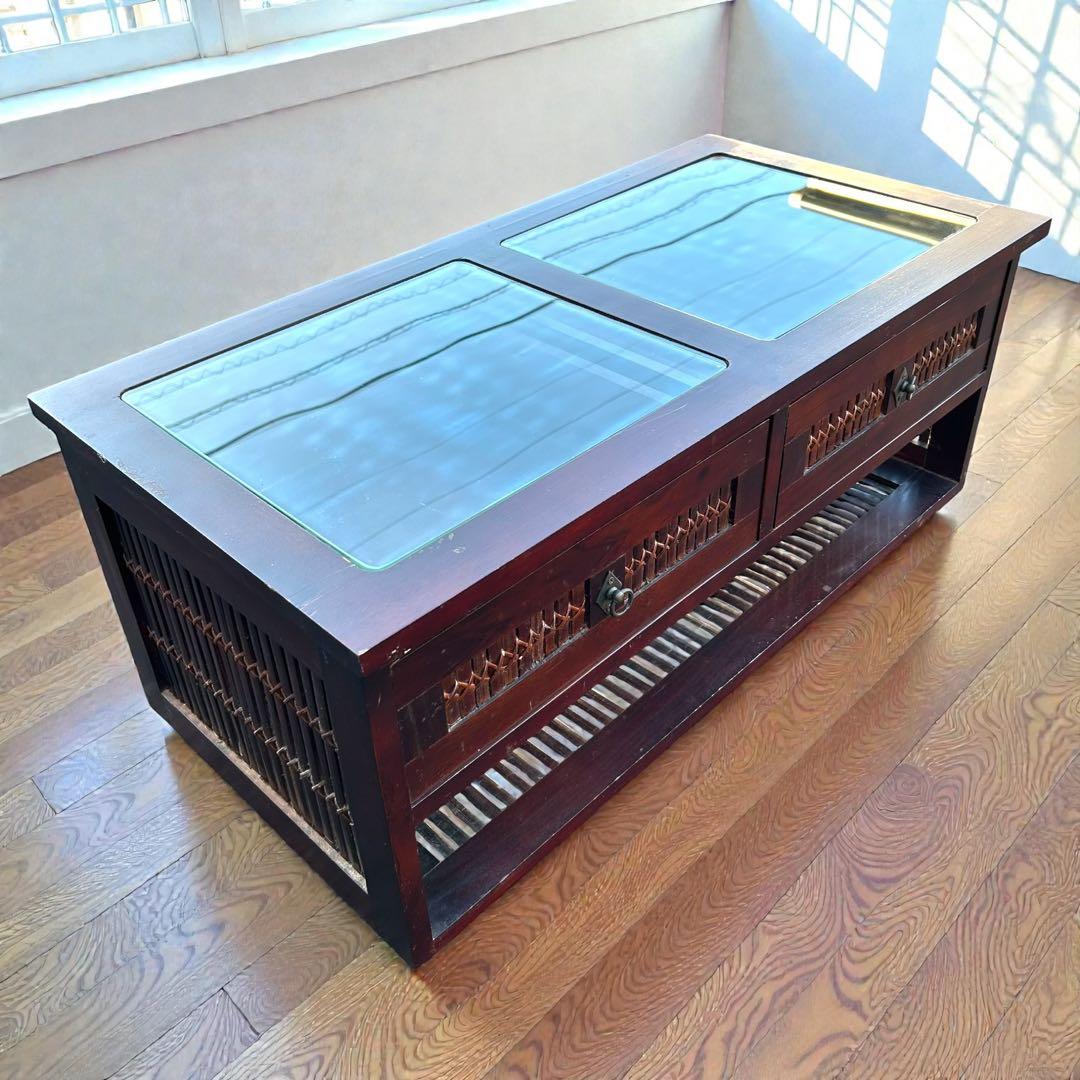 sekiさま専用❣️アジアン家具 ガラス天板テーブル 天然竹収納付 キャスター付