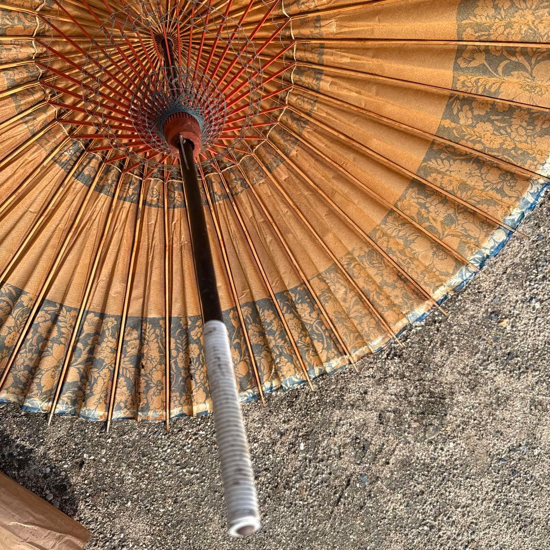 舞踊傘 金色と青色の花柄 90cm