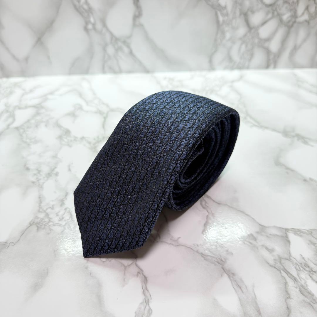 ✨極美品✨ 現行 DIOR ネクタイ シルク100% オブリーク ネイビー ツヤ