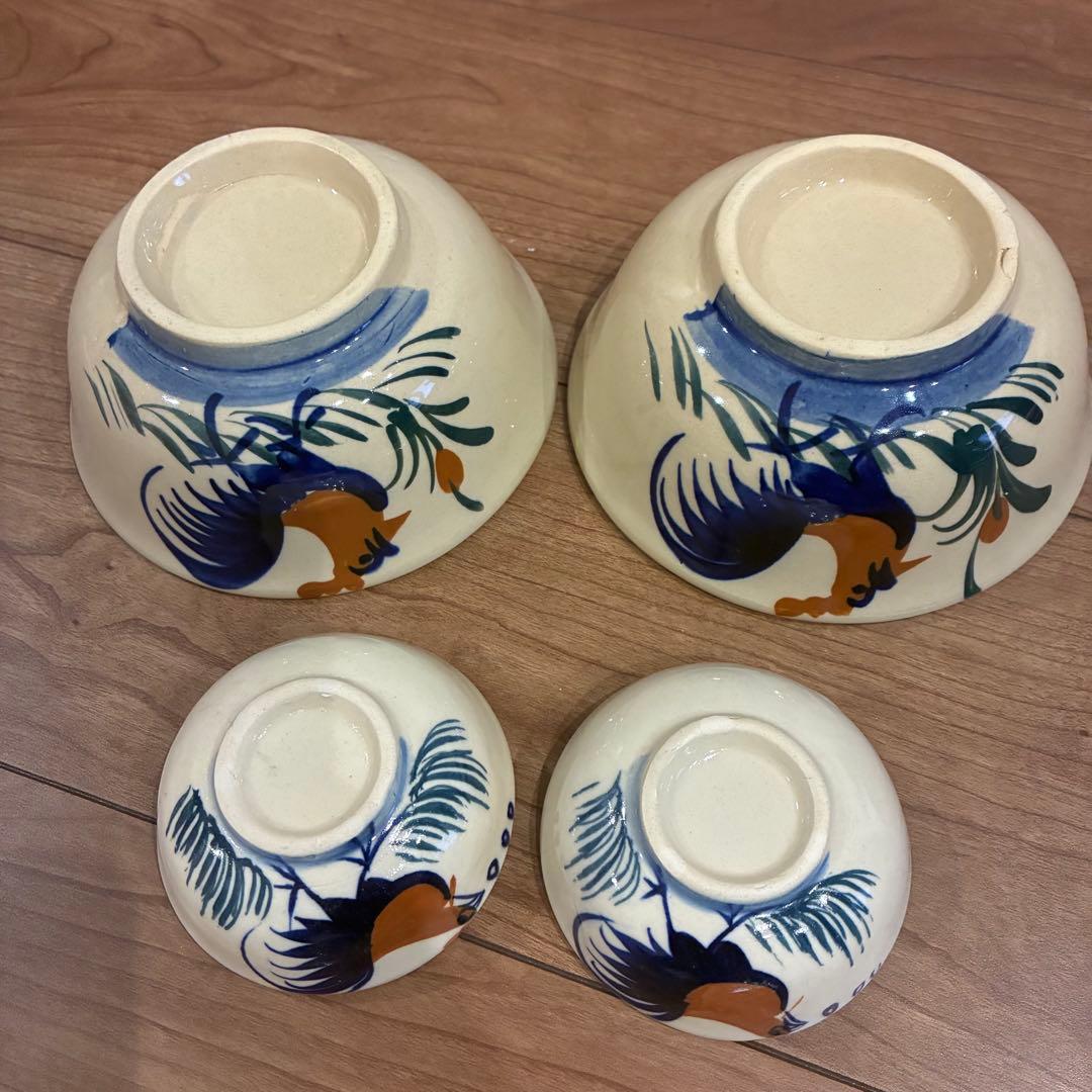 ベトナム　ソンべ焼き　どんぶり　ライテウ焼き　鶏の絵柄 陶器ボウル 4個セット