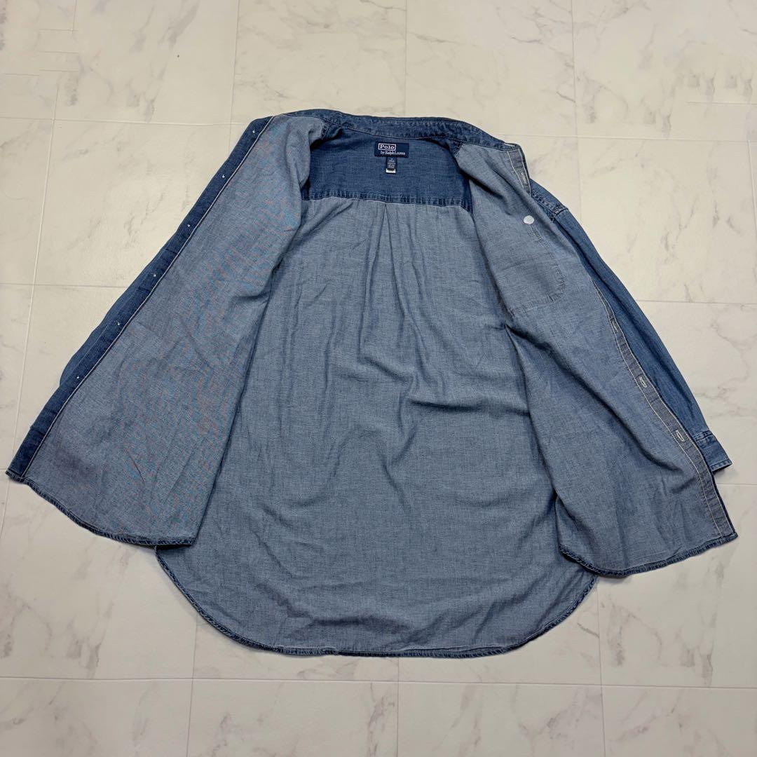 ポロバイラルフローレン　近年　シャンブレー　ロングデニムシャツ　ポニー　M 青