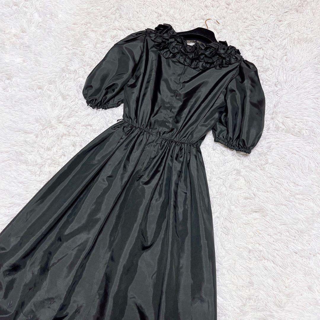 日本製 3way ロング ドレス フレア フリル 花柄 刺繍 パフスリーブ 黒