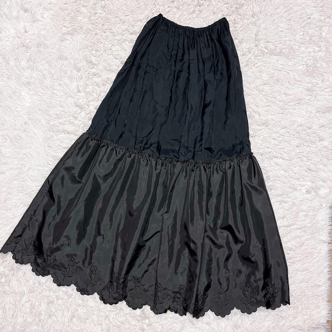 日本製 3way ロング ドレス フレア フリル 花柄 刺繍 パフスリーブ 黒