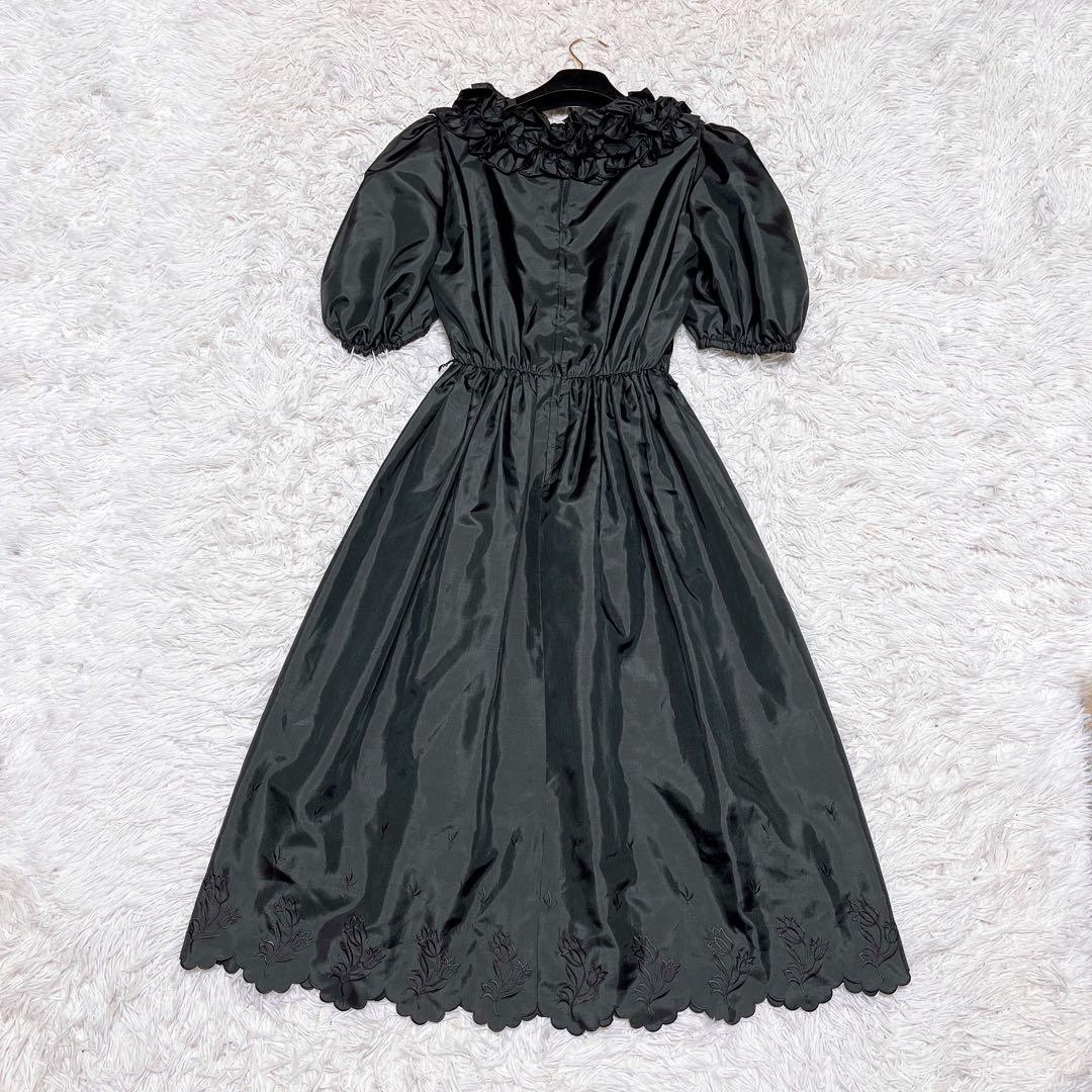日本製 3way ロング ドレス フレア フリル 花柄 刺繍 パフスリーブ 黒