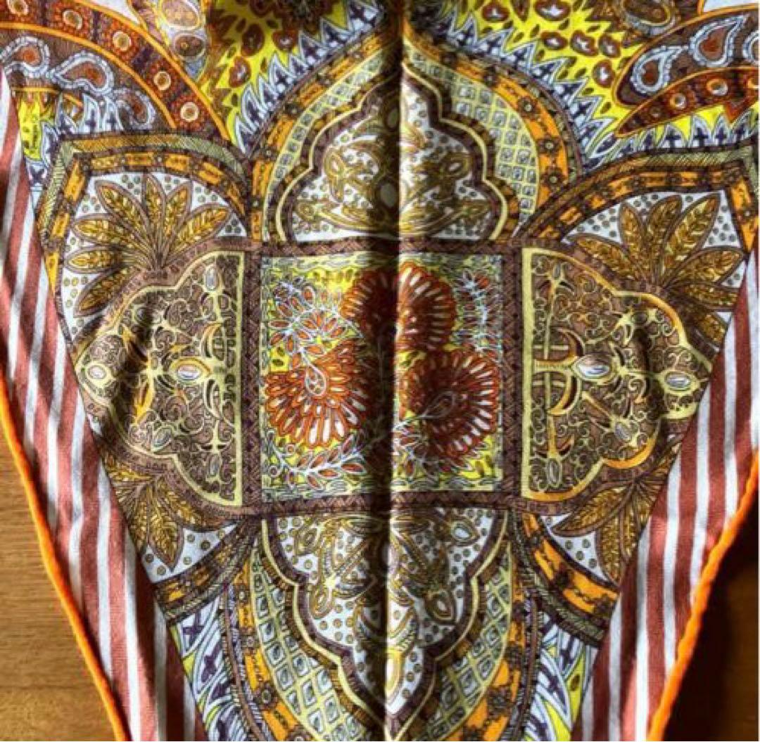 美品HERMESロサンジュ菱形ペイズリースカーフカシミアシルクオレンジ黄茶白稀少