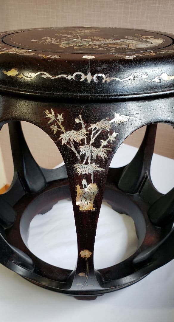 螺鈿 丸椅子 スツール 腰掛け 中国美術 工芸品 唐木 2客