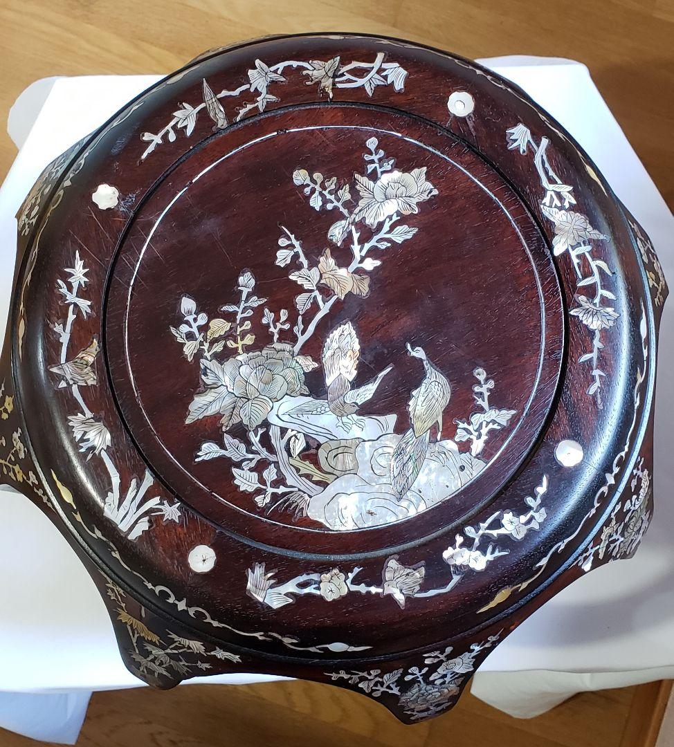 螺鈿 丸椅子 スツール 腰掛け 中国美術 工芸品 唐木 2客