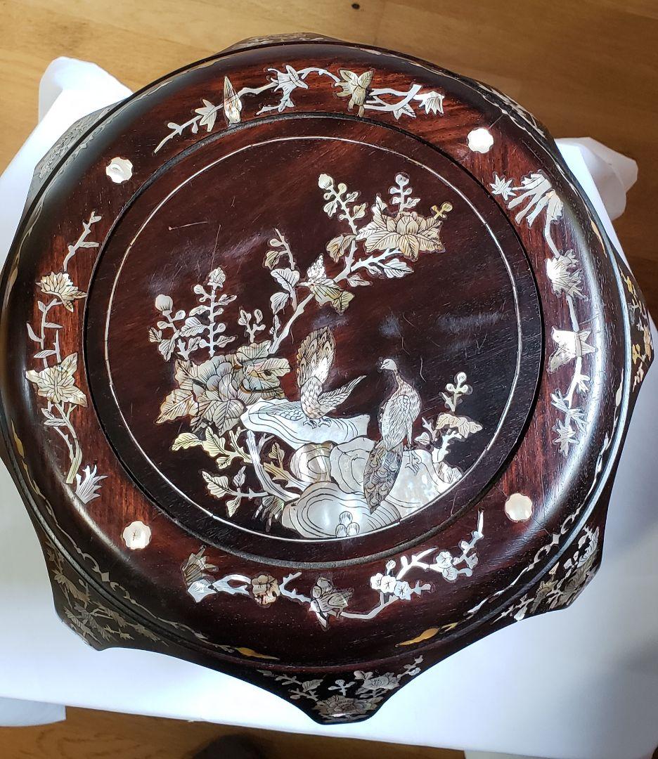 螺鈿 丸椅子 スツール 腰掛け 中国美術 工芸品 唐木 2客