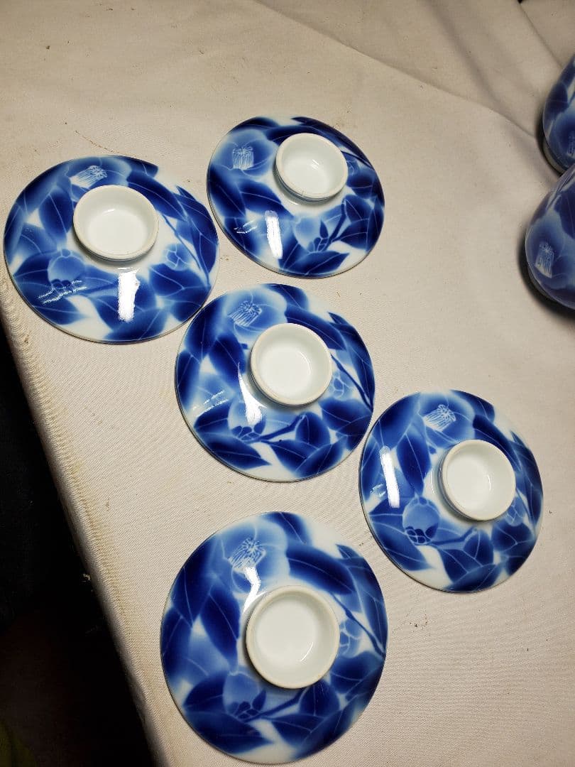 保管品　レトロ　深川製　むし茶わん　染付椿の図　5客