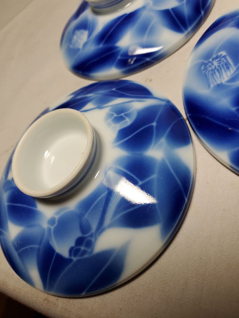 保管品　レトロ　深川製　むし茶わん　染付椿の図　5客