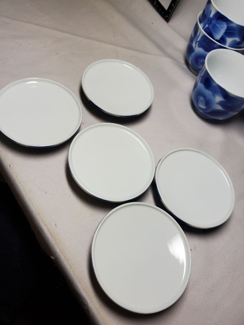 保管品　レトロ　深川製　むし茶わん　染付椿の図　5客