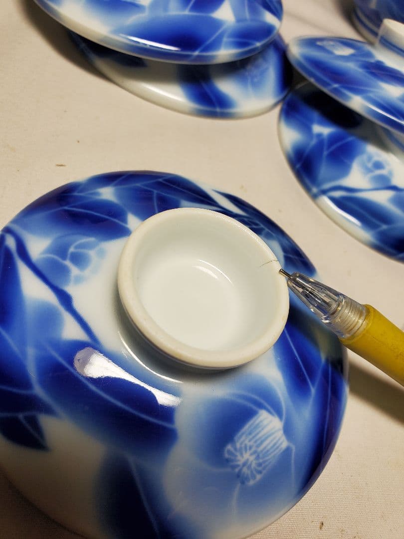 保管品　レトロ　深川製　むし茶わん　染付椿の図　5客