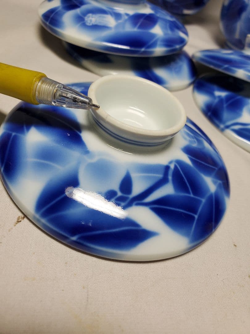 保管品　レトロ　深川製　むし茶わん　染付椿の図　5客