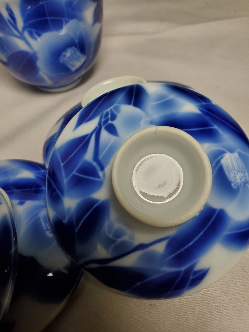 保管品　レトロ　深川製　むし茶わん　染付椿の図　5客