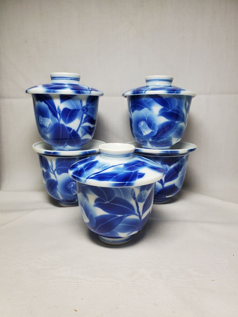 保管品　レトロ　深川製　むし茶わん　染付椿の図　5客