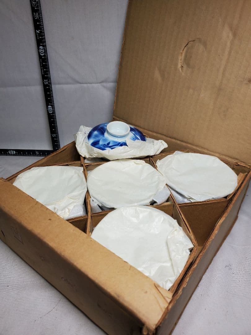 保管品　レトロ　深川製　むし茶わん　染付椿の図　5客