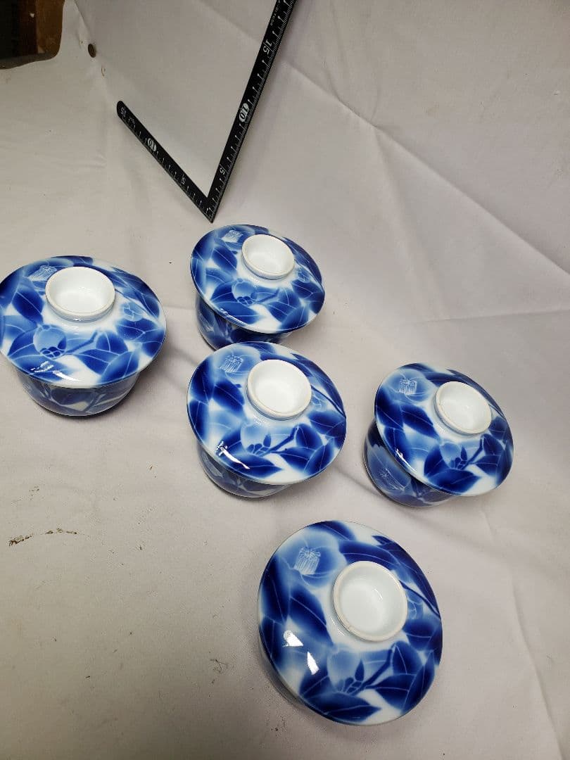 保管品　レトロ　深川製　むし茶わん　染付椿の図　5客