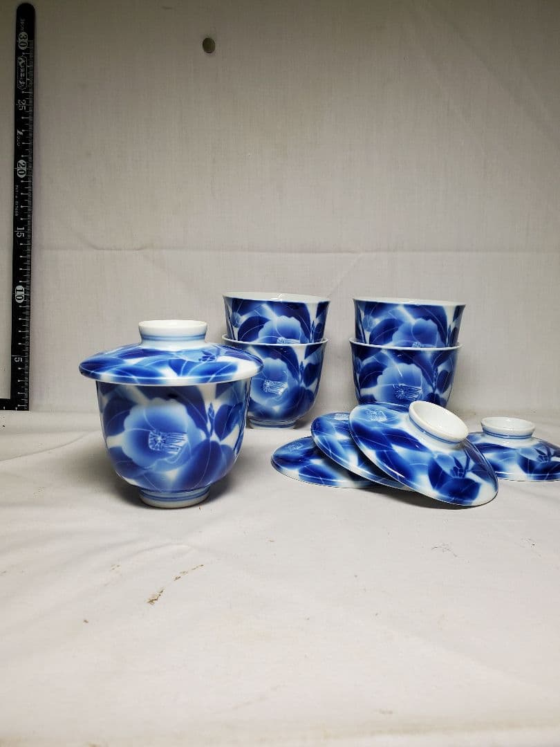 保管品　レトロ　深川製　むし茶わん　染付椿の図　5客