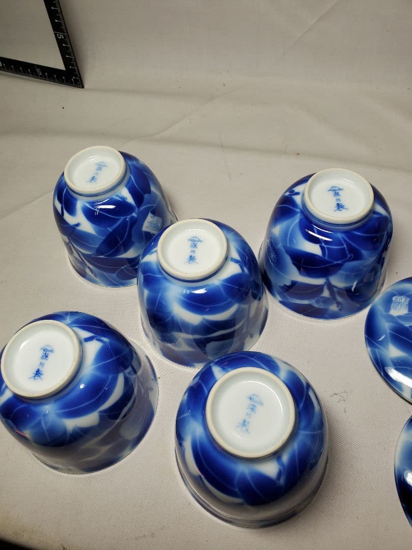 保管品　レトロ　深川製　むし茶わん　染付椿の図　5客