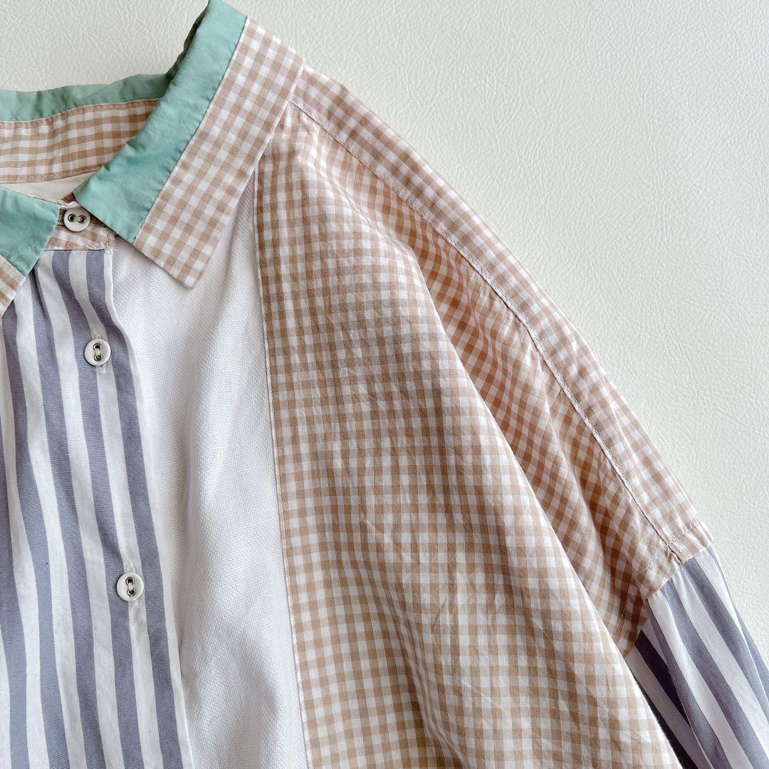 nop de nod ⿻ パッチワーク シャツ チェック ストライプ ナチュラル