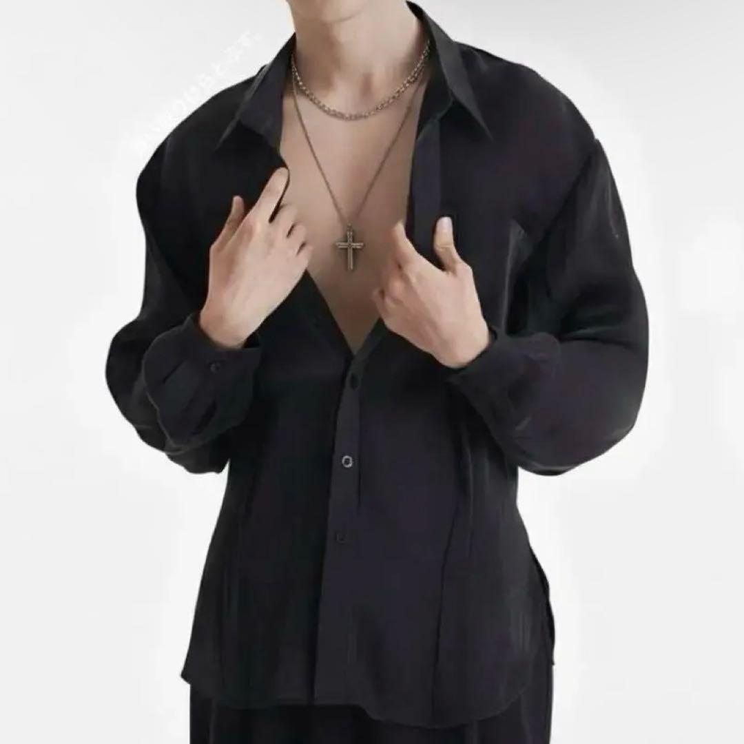 ⚪️DUYQ メンズ 022 ボイル生地 ダンス用シャツ 黒