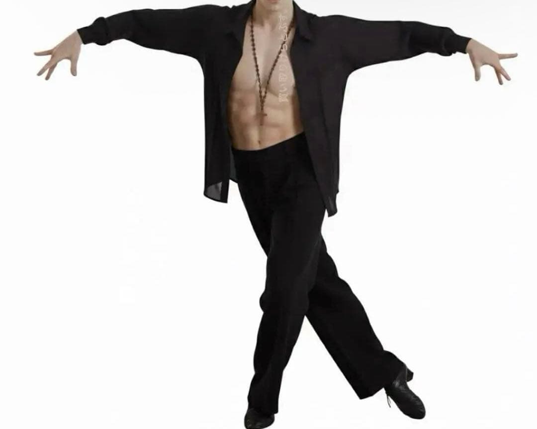 ⚪️DUYQ メンズ 022 ボイル生地 ダンス用シャツ 黒