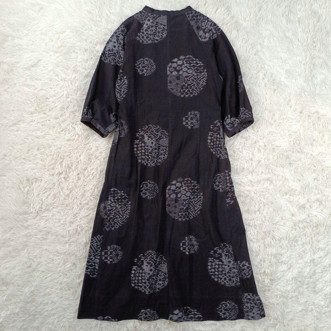 美品✨ギエモン　花柄　ロング丈　バンドカラー 久留米絣ワンピース　七分袖