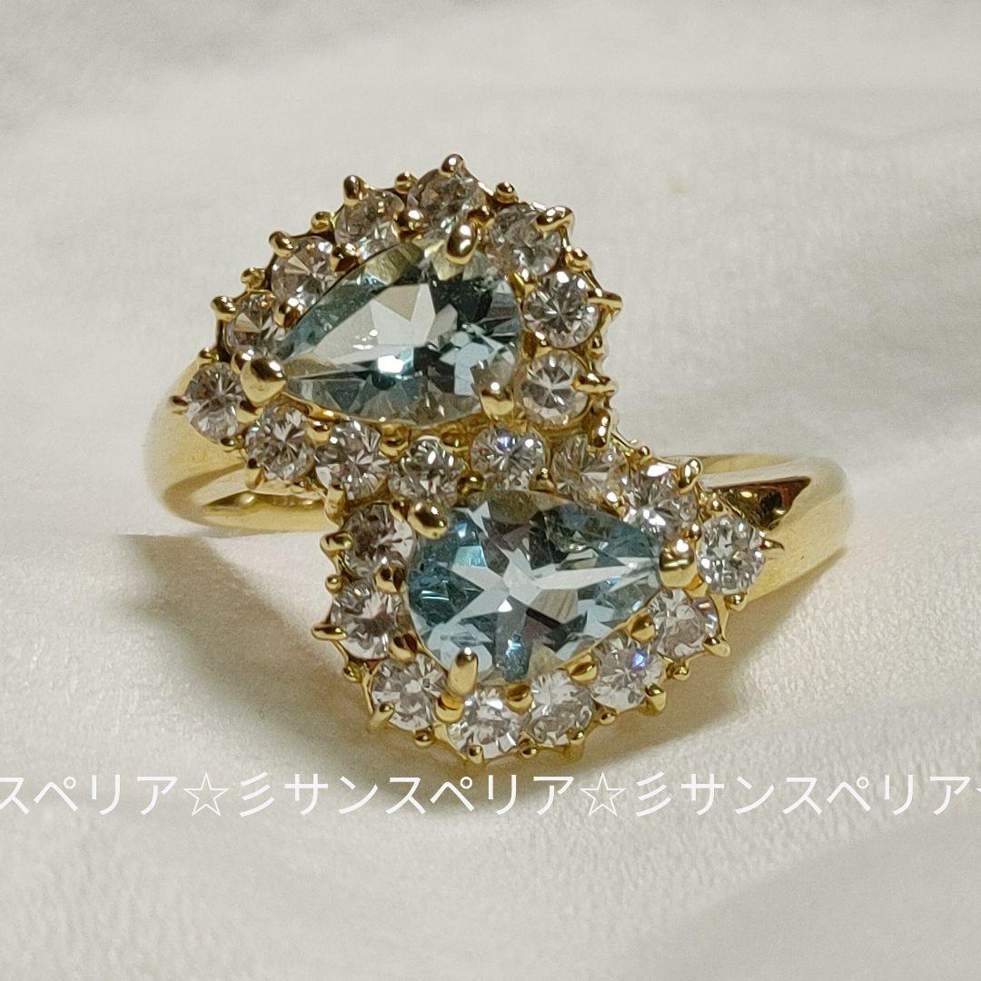 K18 アクアマリンとCZのデザインリング