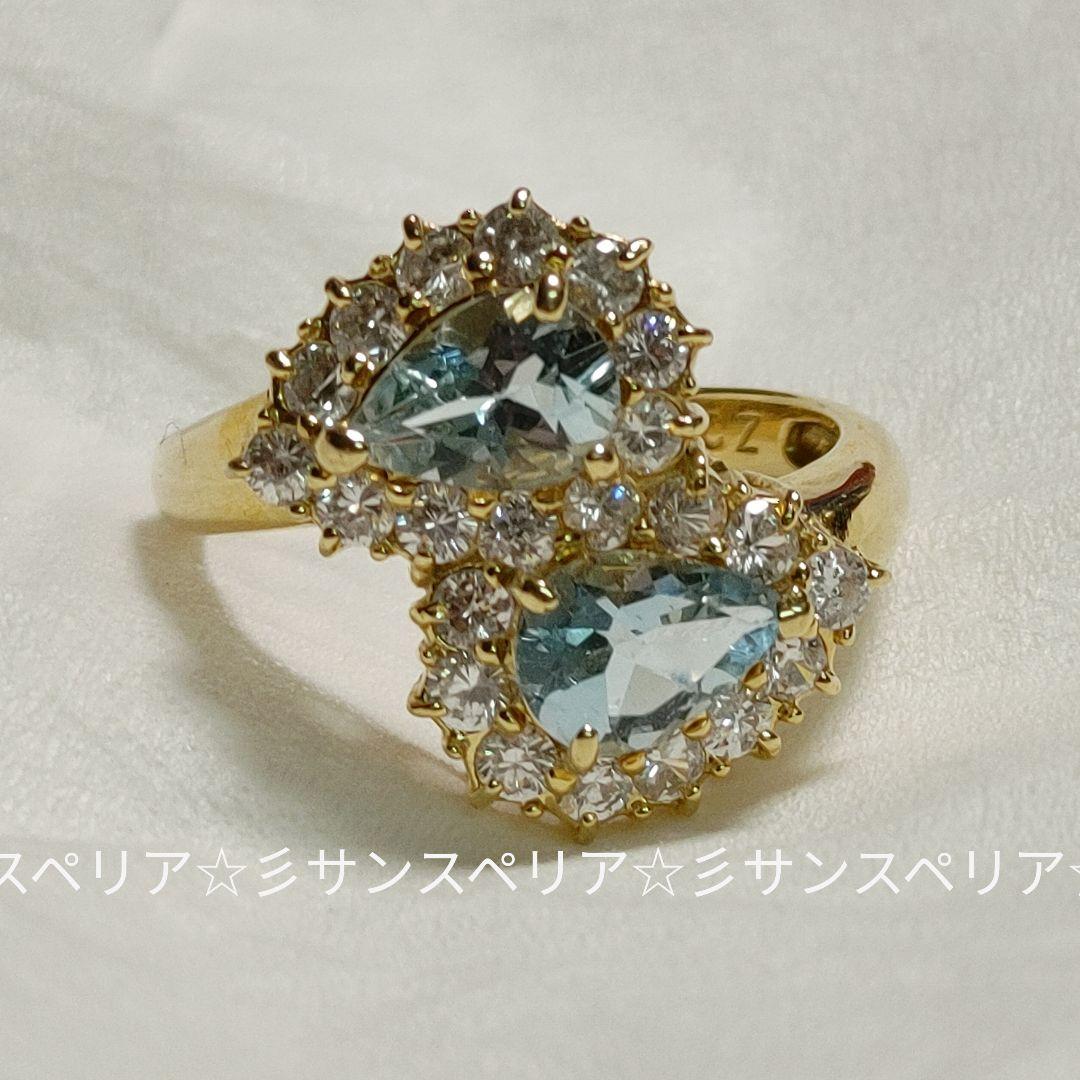 K18 アクアマリンとCZのデザインリング