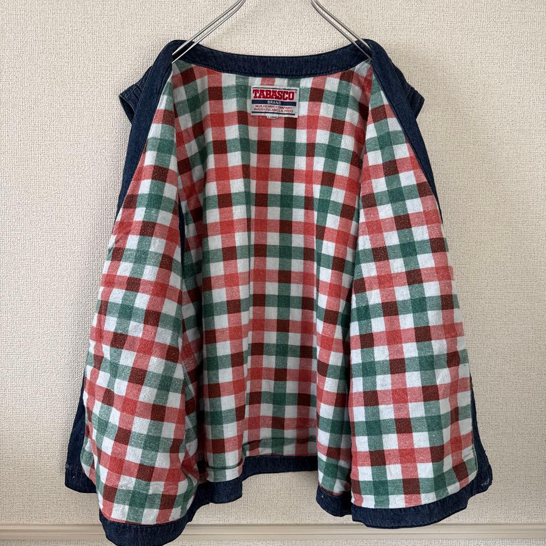 希少 レア タバスコ 背面刺繍 デニム風ベスト L 身幅広め ヴィンテージ90s