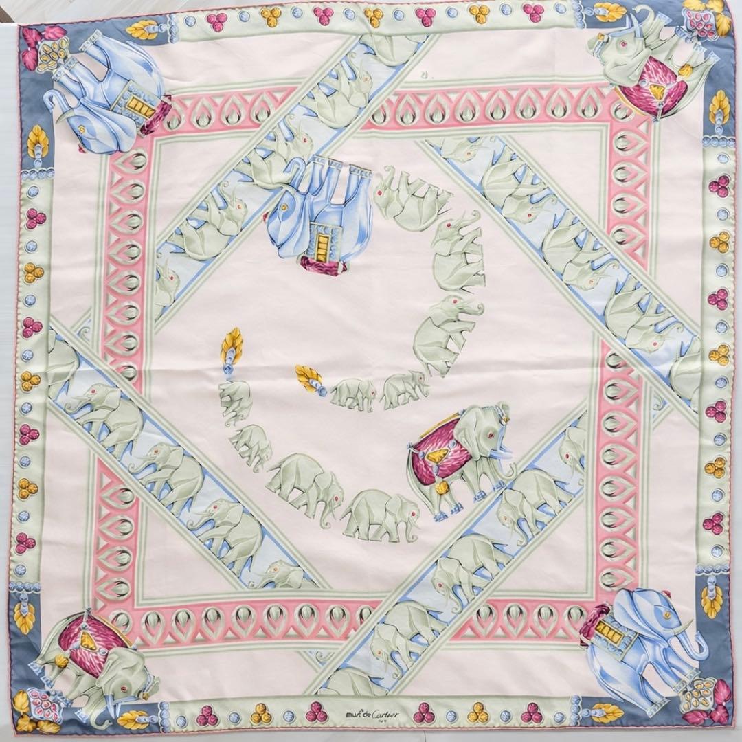 大判 カルティエ must 象 宝石 スカーフ シルク ピンク