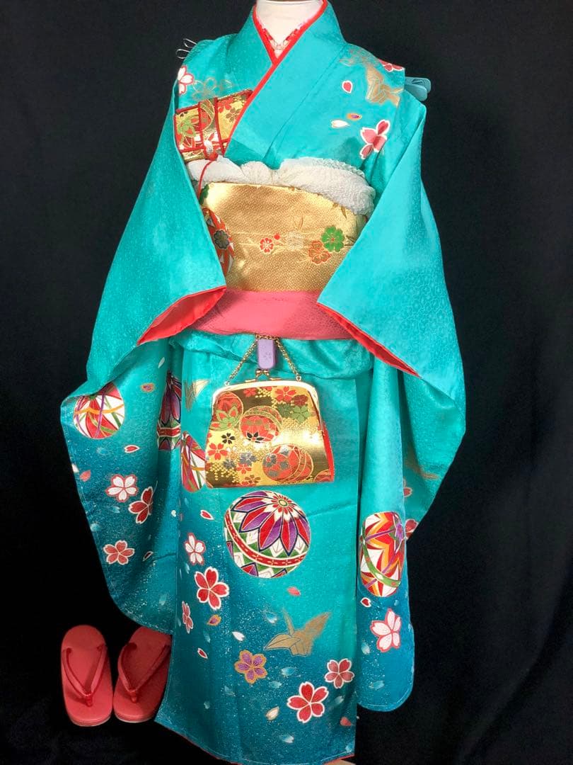 【正絹】 七五三　7歳　絵羽　鞠　折鶴　着物　四つ身　作り帯　セット　女の子