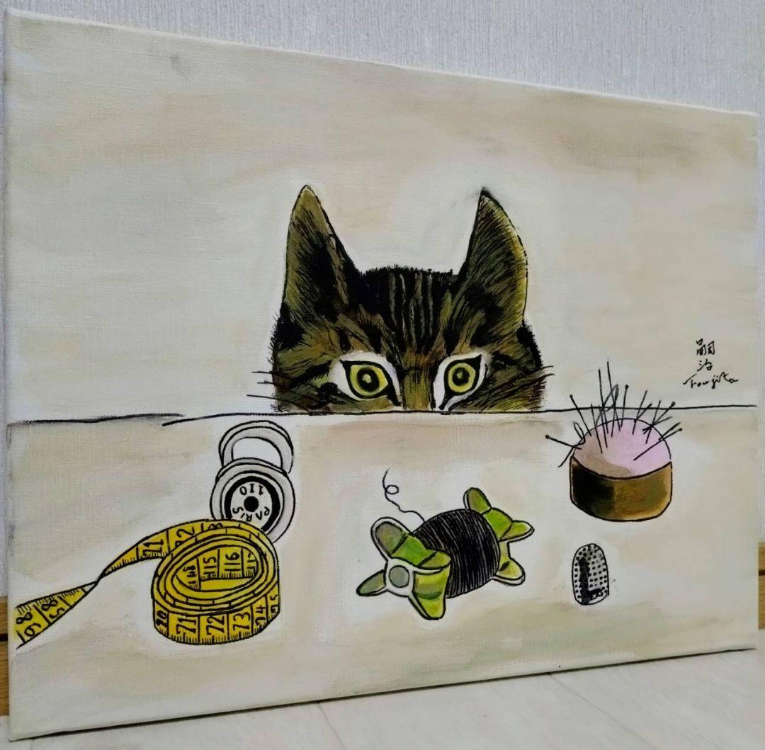 【F6号】藤田嗣治【仕立て屋の猫】手描き/表裏サイン・鑑定書有/油彩/水彩/額縁