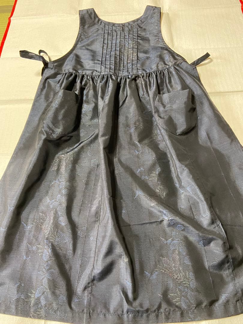 大島紬エプロン風ワンピー　正絹　リメイク