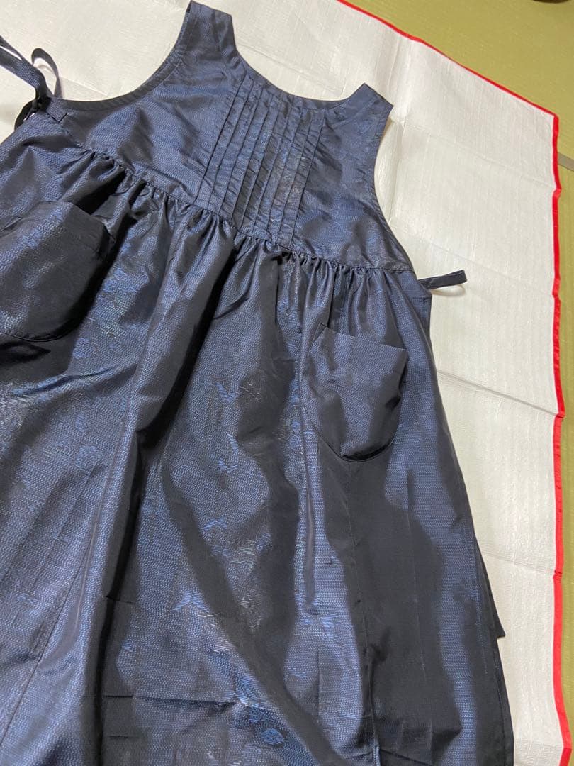 大島紬エプロン風ワンピー　正絹　リメイク