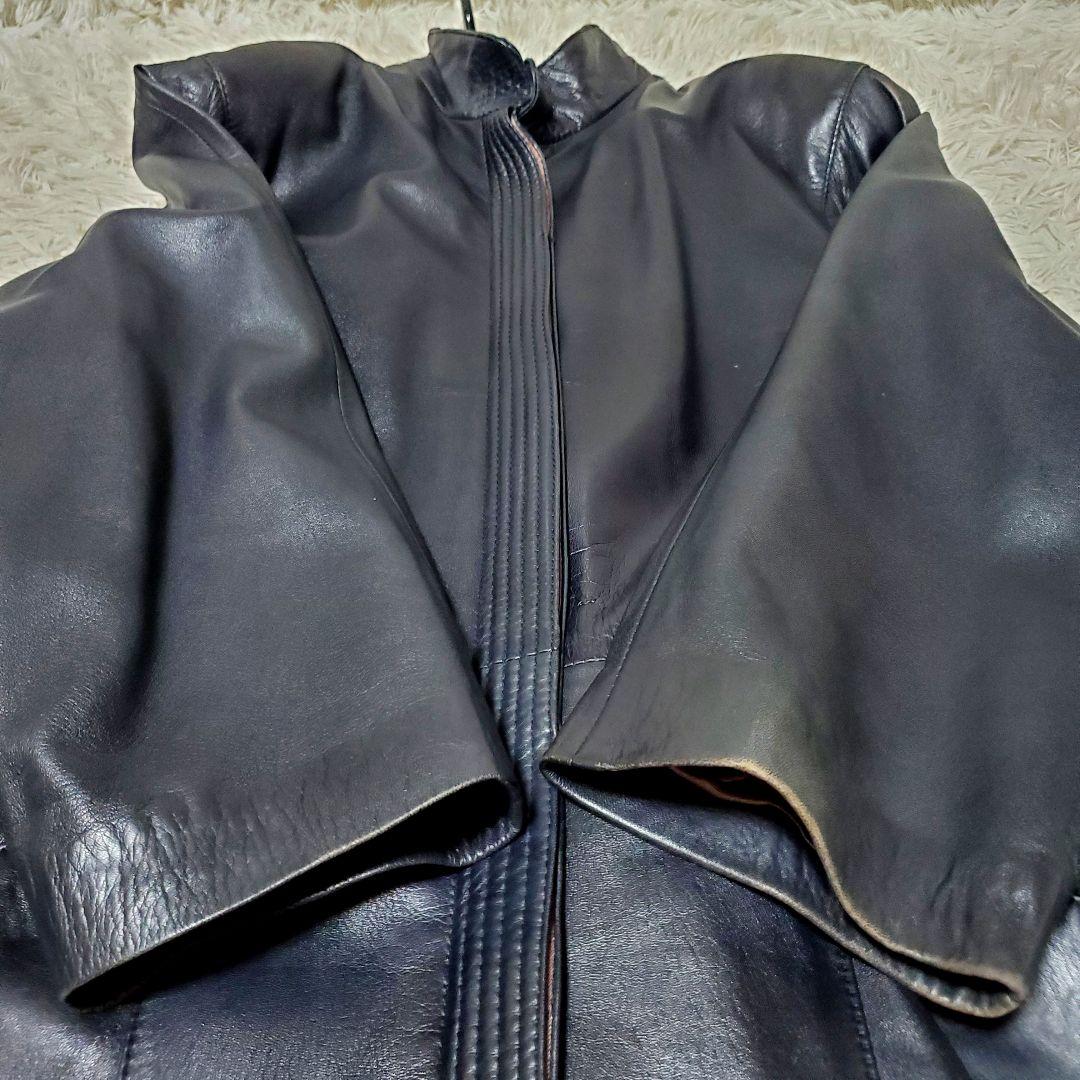 マキシ丈 ラムレザー メンズ ロングコート スペイン製 比翼仕立て ブラック