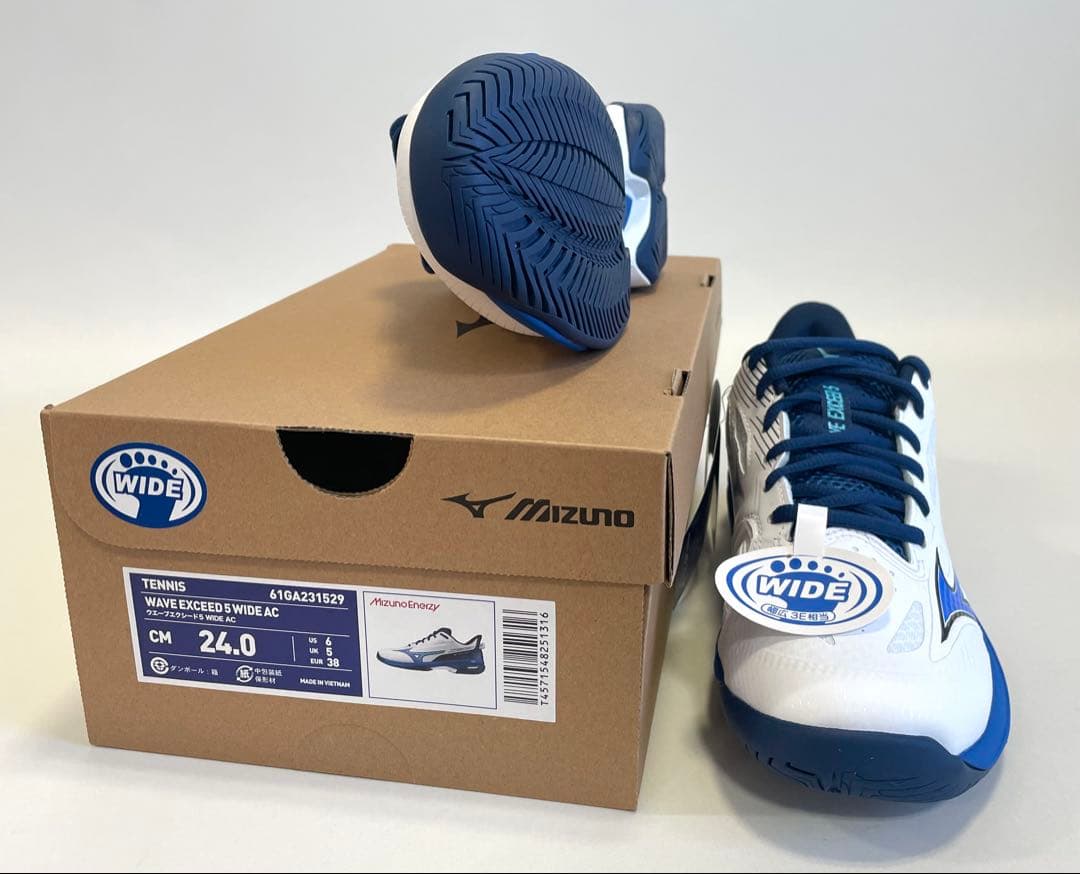 ミズノ【24.0cm】61GA231529 テニスシューズ ワイドモデル 白×青