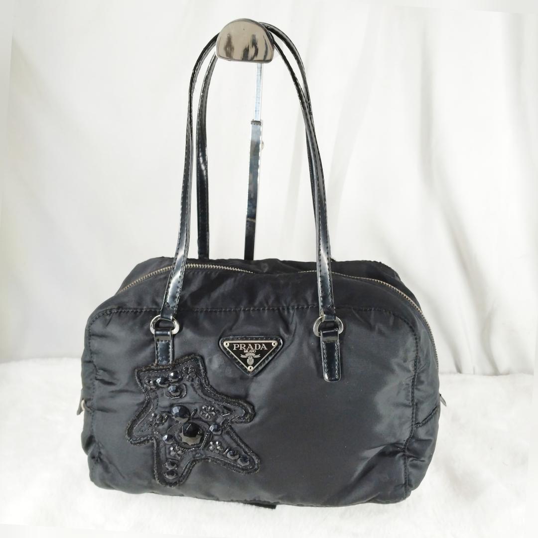 ✨️超希少✨️PRADA ブラック　ナイロン　ロゴ刺繍　ハンドバッグ　カテナ付き