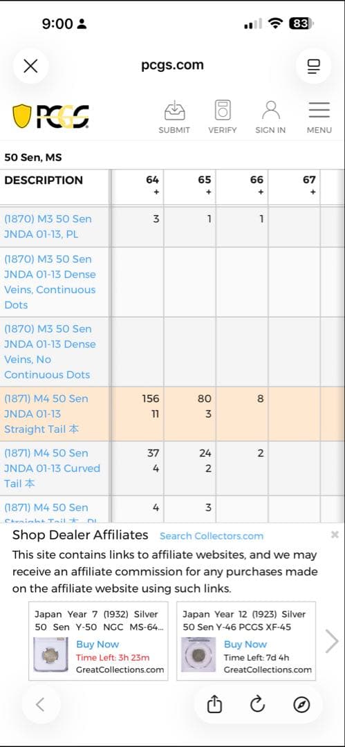 旭日竜大型50銭銀貨 明治4年 PCGS MS64