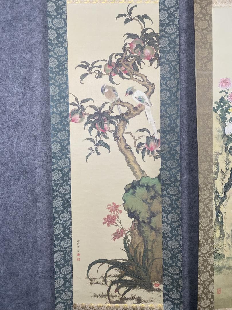 サ*バ様 熊代熊斐【複製】菊花家鶏図 雪蘆真雁図 桃樹山鵲図 長崎 掛軸2402