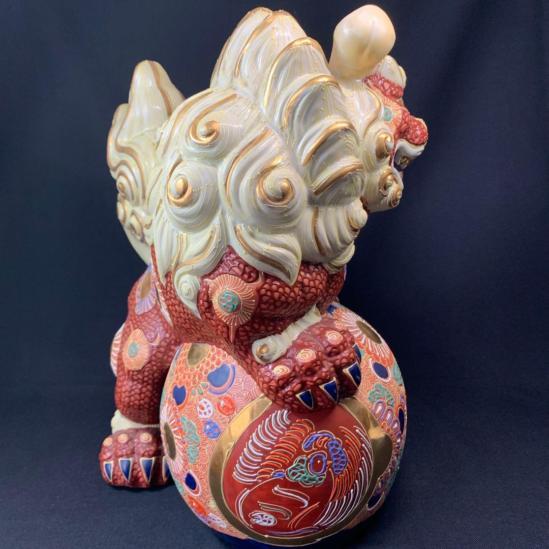 K767⭐︎九谷焼 迫力の特大サイズ 金蘭手 玉乗り獅子 高さ36センチ 魔除け