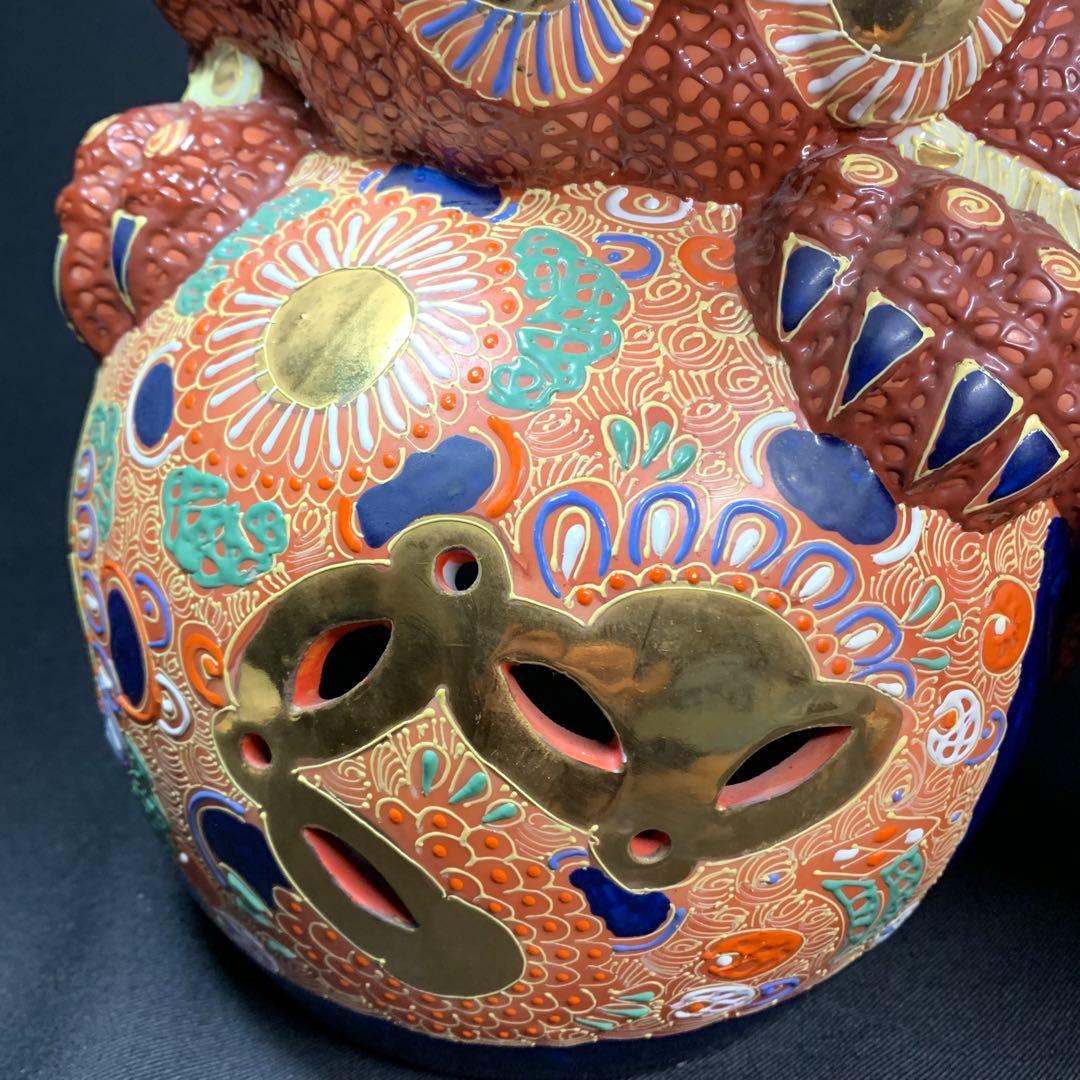 K767⭐︎九谷焼 迫力の特大サイズ 金蘭手 玉乗り獅子 高さ36センチ 魔除け