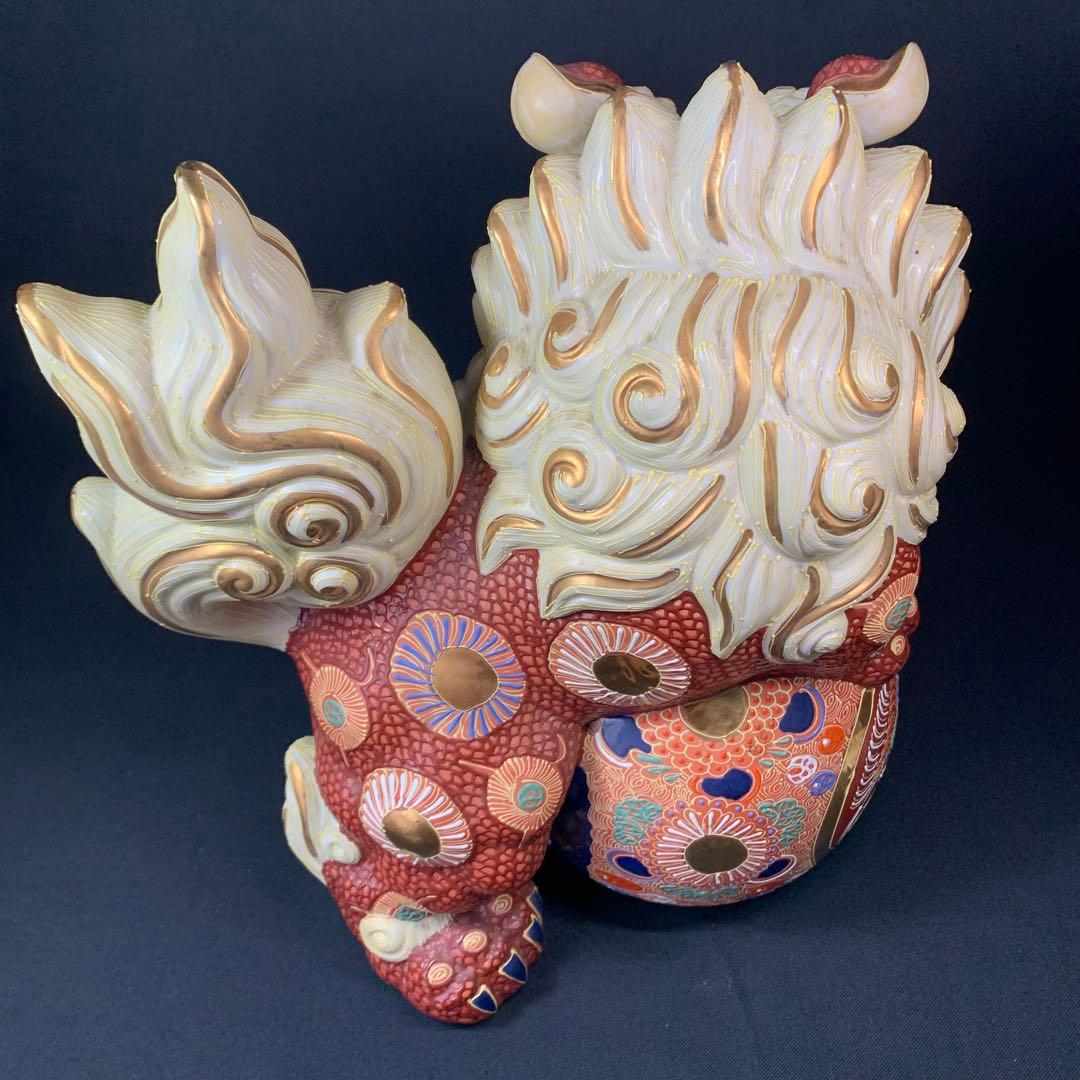 K767⭐︎九谷焼 迫力の特大サイズ 金蘭手 玉乗り獅子 高さ36センチ 魔除け